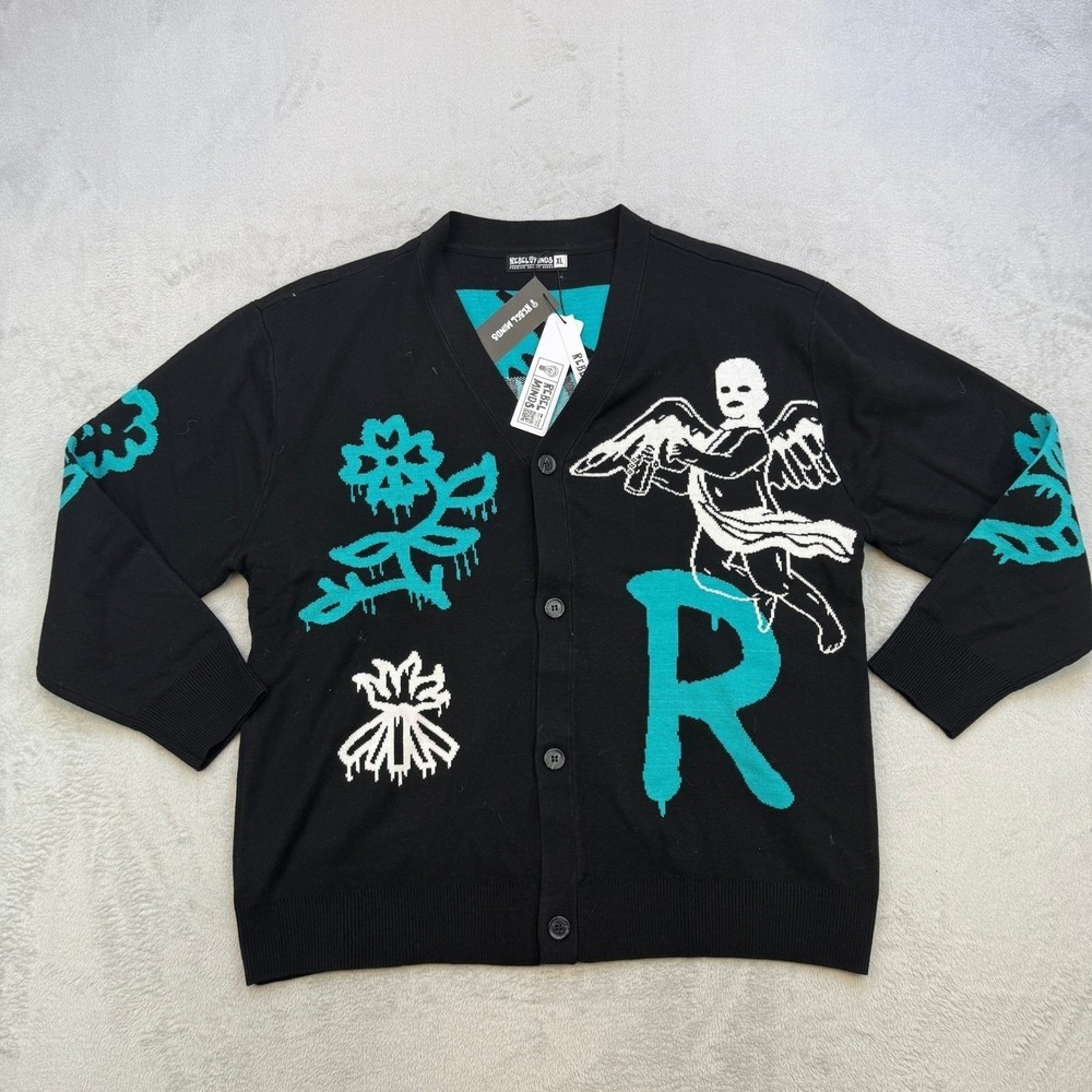 Rebel Minds Cardigan Sweater Mens Small Black Graffiti Cherub Angel Streetwear